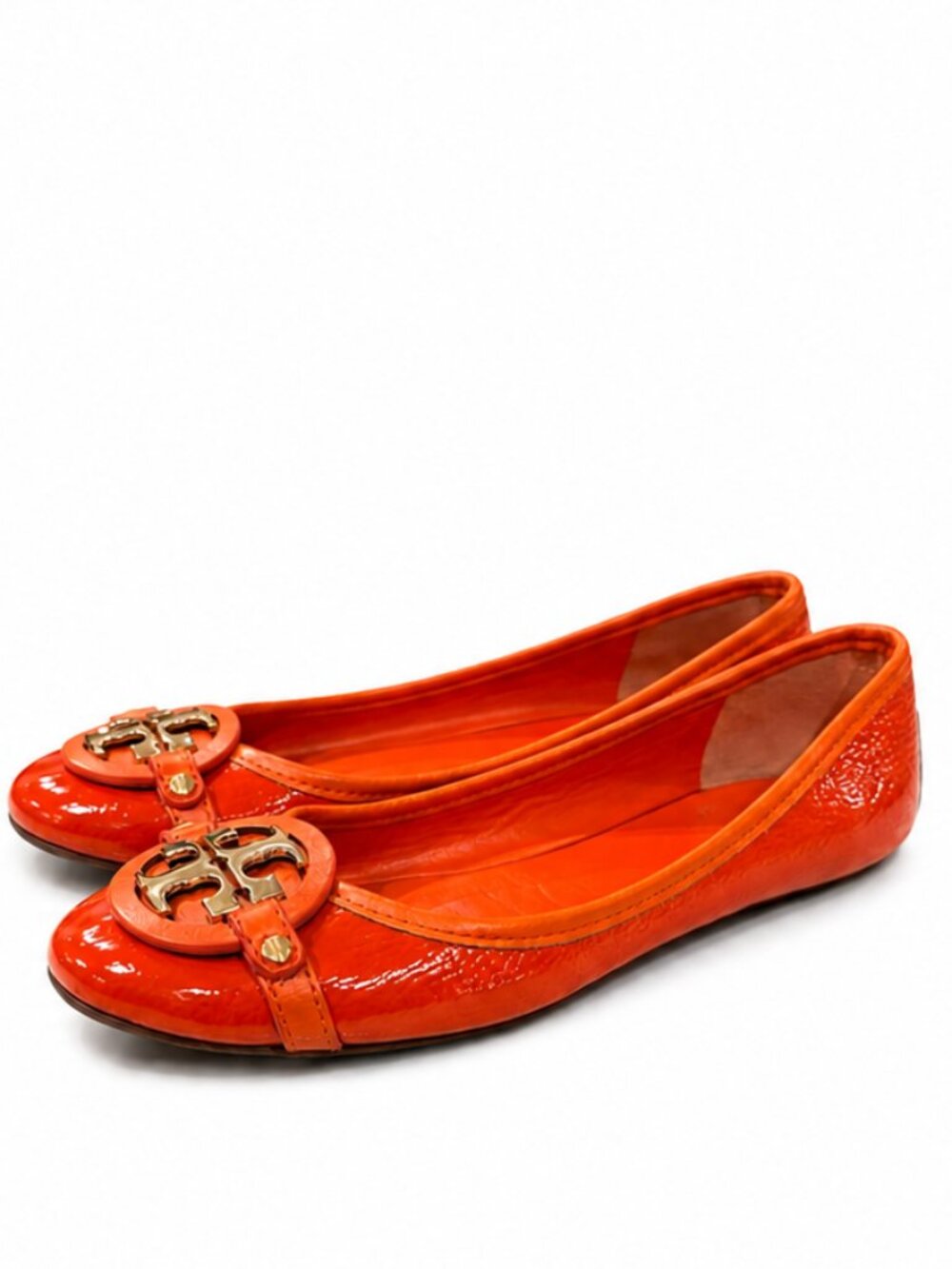 Tory Burch Aaden Ballet Flats Women’s 9.5 Orange Glossy Leather Gold Logo EUC